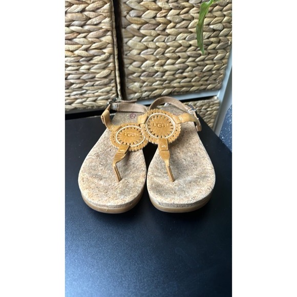 ugg Shoes - Ugg Ayden slingback medallion tan leather cork‎ casual T thong sandals size 9